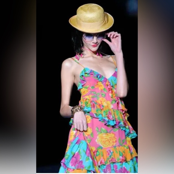 Betsey Johnson NWT Rare Vintage Silk Pink Yellow Roses Tiered Ruffle Maxi Dress - Picture 7 of 14